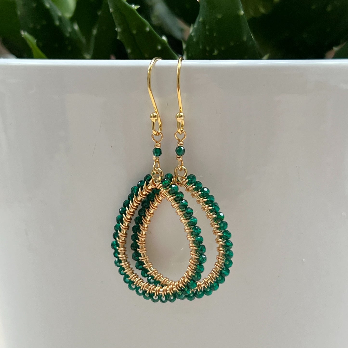 Emerald Green Jade Peardrop Beaded Earrings