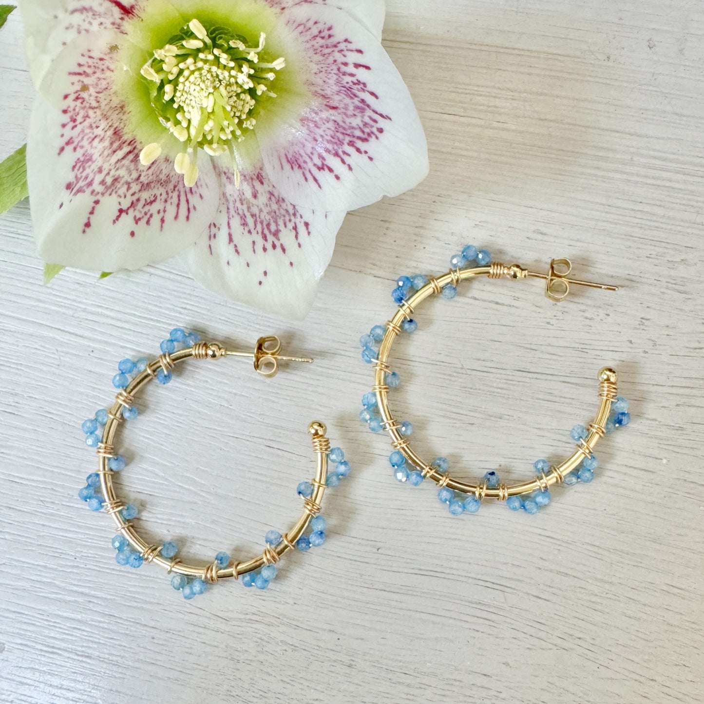 Cornflower Blue Kyanite Swirl Midi Hoop Beaded Earrings