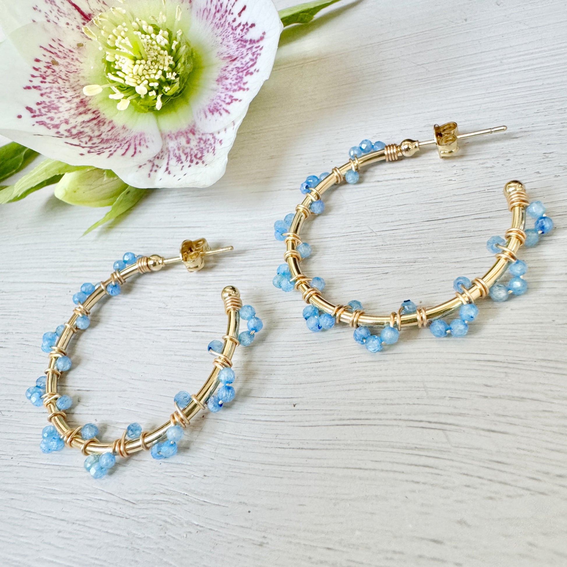 Cornflower Blue Kyanite Swirl Midi Hoop Beaded Earrings