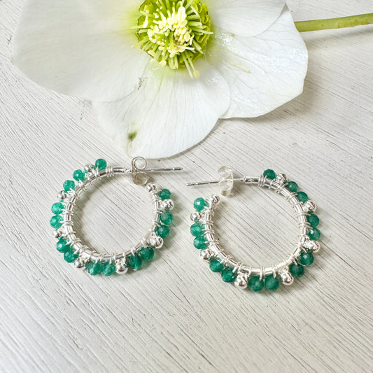 Emerald Green Jade Bobble Hoop Beaded Earrings (Silver)