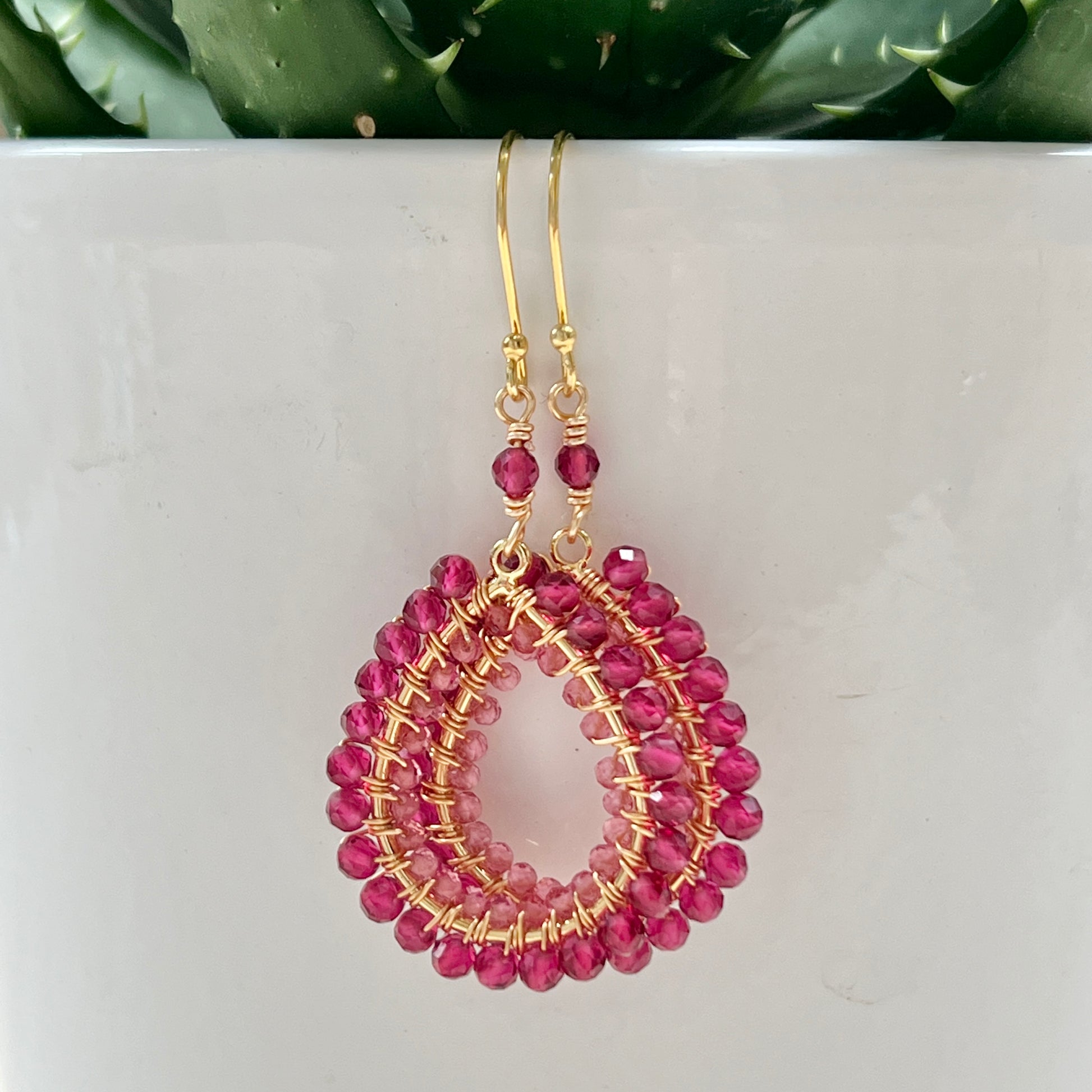 Fuchsia Pink Garnet Double Beaded Peardrop Earrings