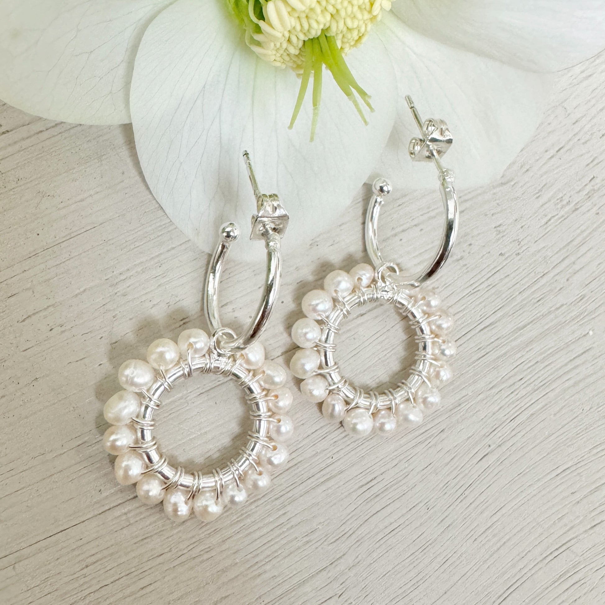 Mini Hoop Earrings With Pearl Beaded Circle Charms (Silver)