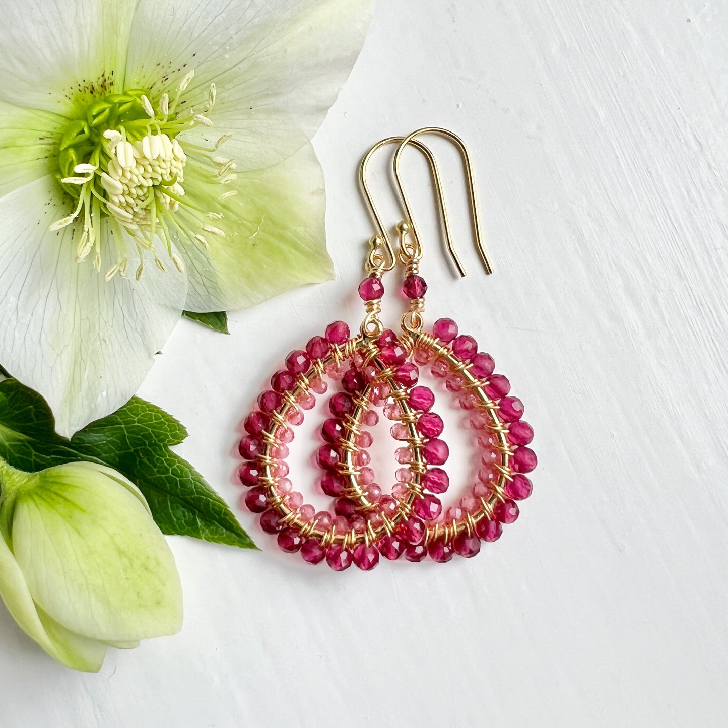 Fuchsia Pink Garnet Double Beaded Peardrop Earrings