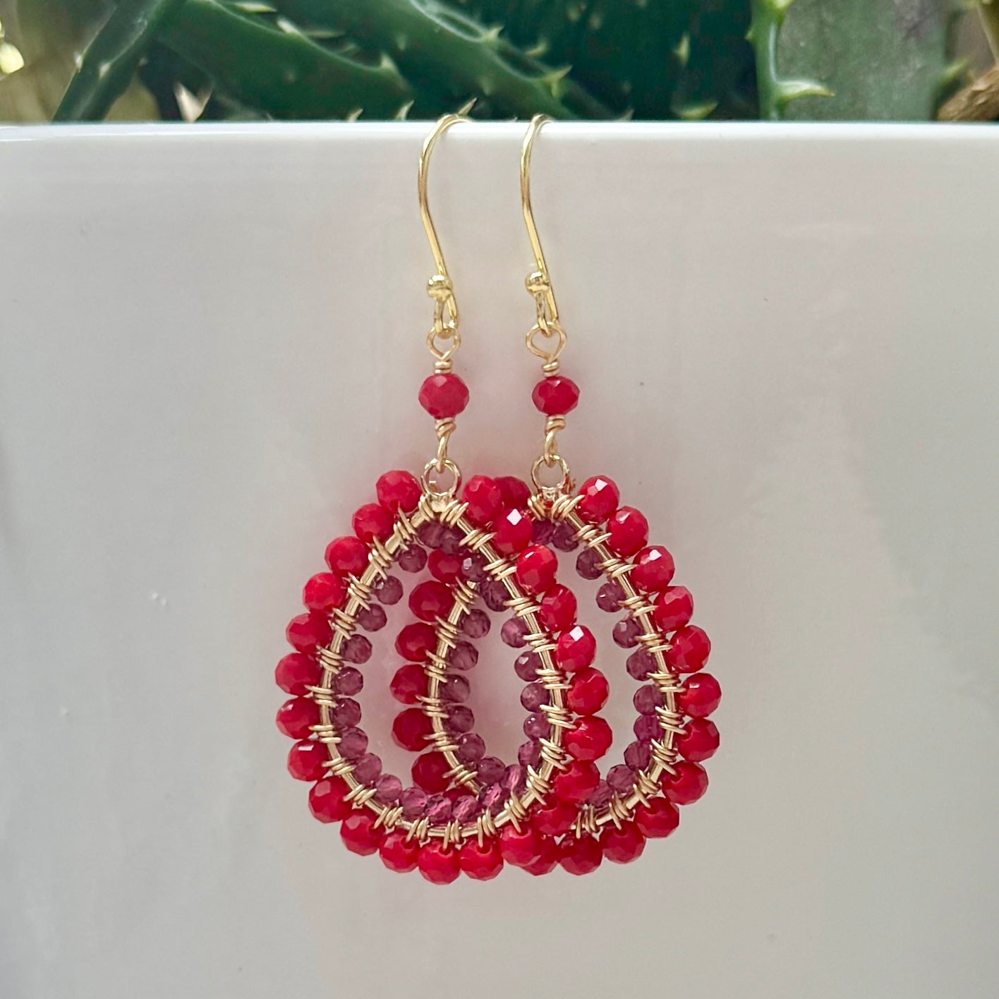 Red Jade & Fuchsia Pink Garnet Double Beaded Peardrop Earrings
