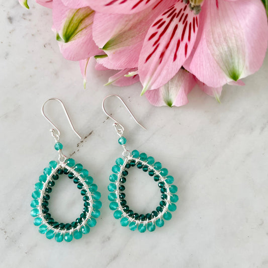 Mint Green Jade & Emerald Green Jade Double Beaded Peardrop Earrings (Silver)