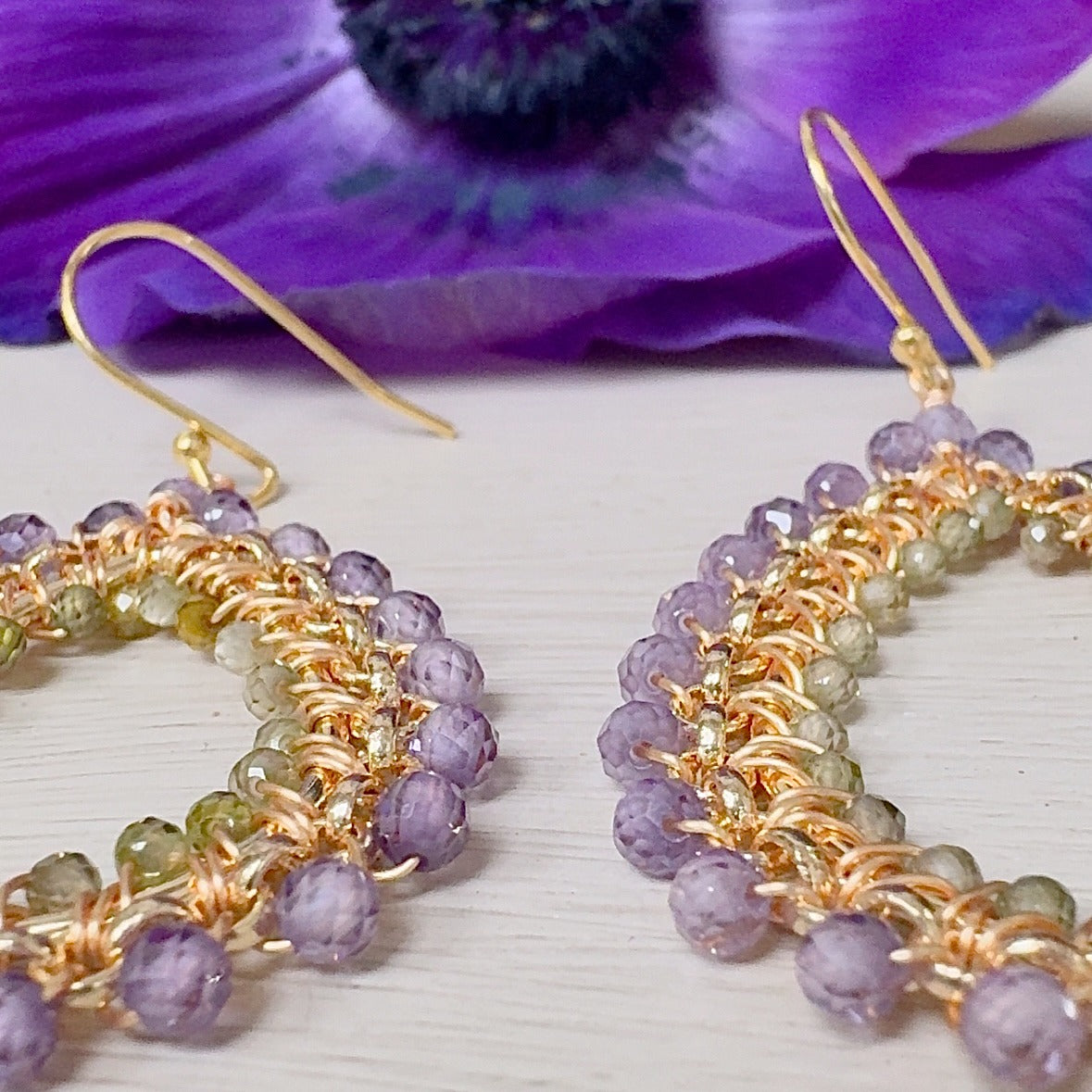 Purple Amethyst & Pale Olive Peridot Medium Rolo Peardrop Beaded Earrings