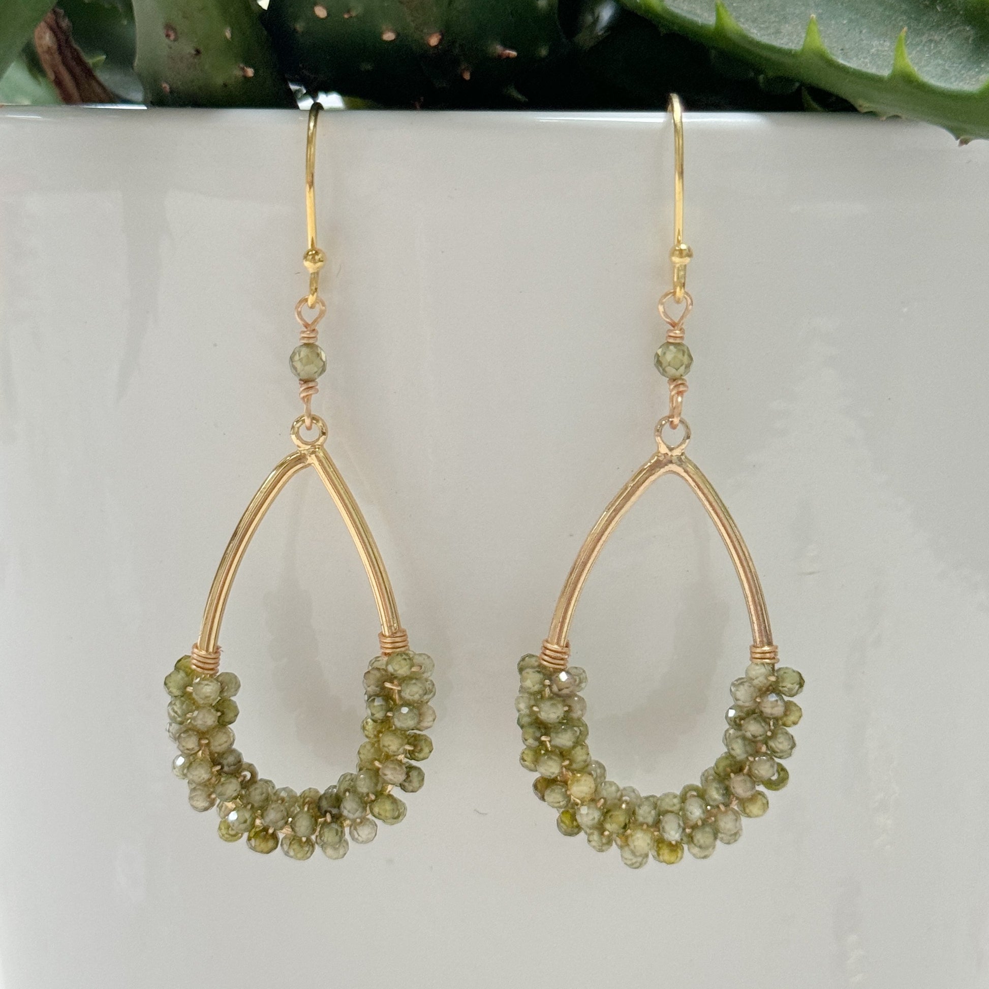 Olive Green Peridot 1/2 Wrapped Teardrop Beaded Earrings