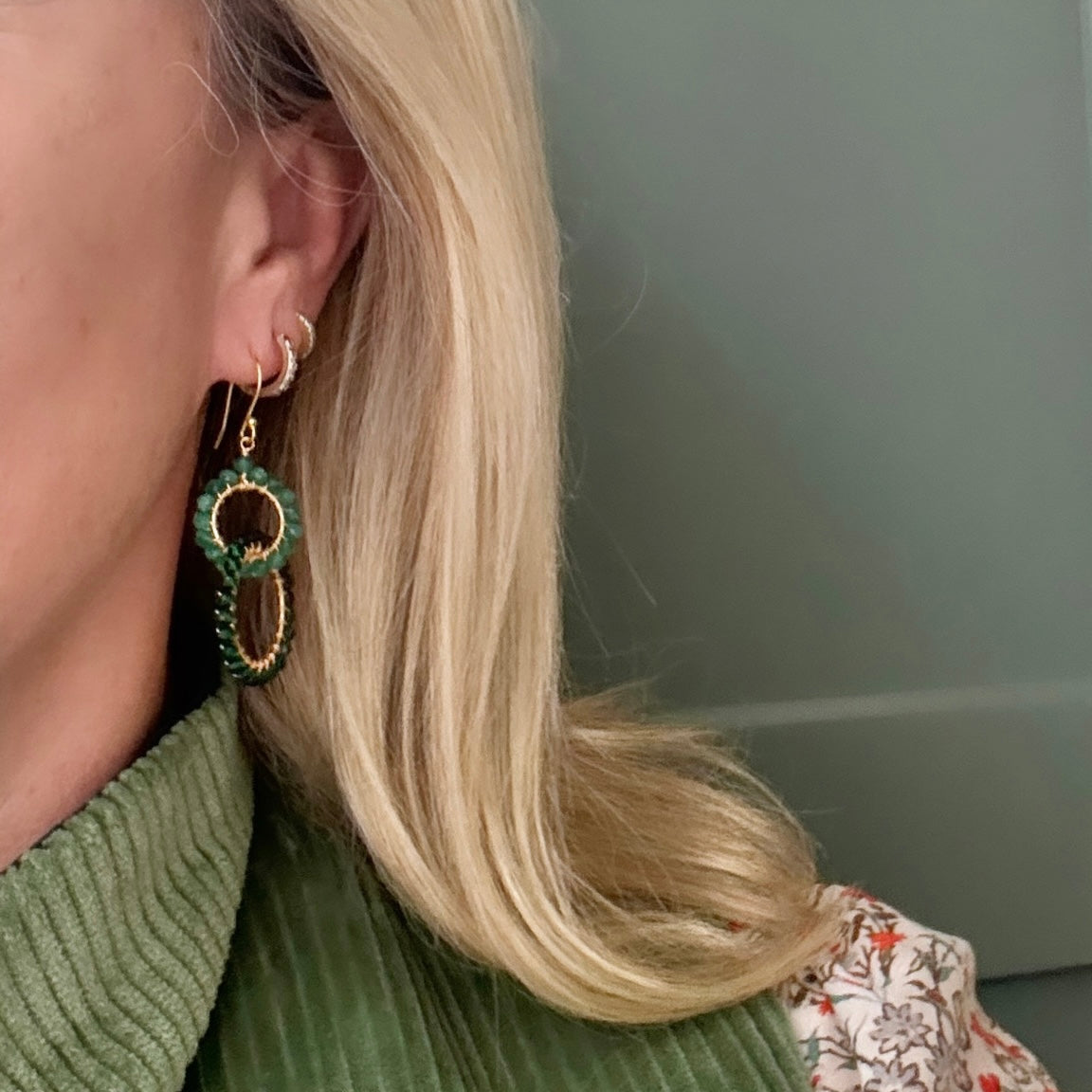 Mint Green & Emerald Jade Double Linked Round Beaded Earrings