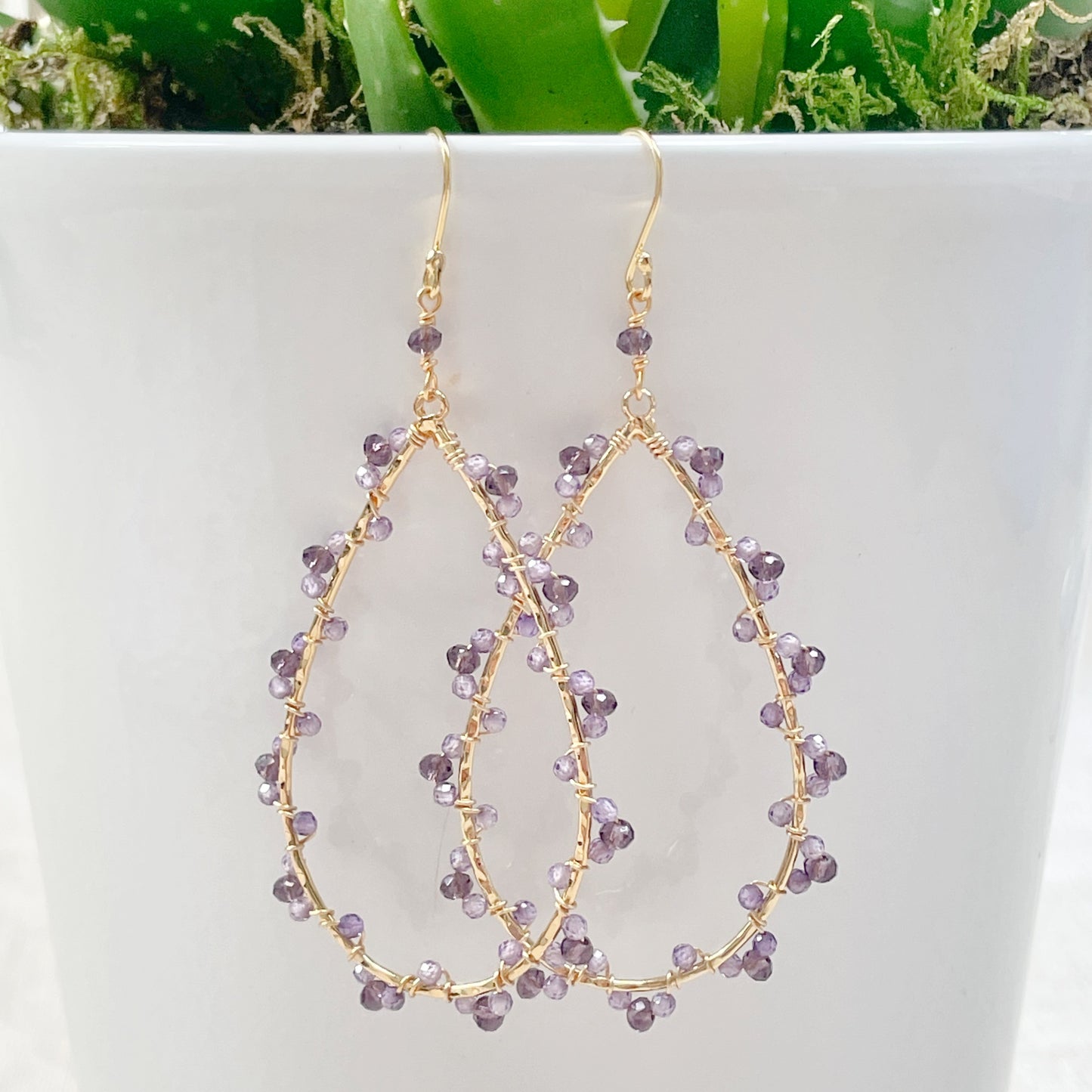 Purple Amethyst Wrapped Teardrop Earrings