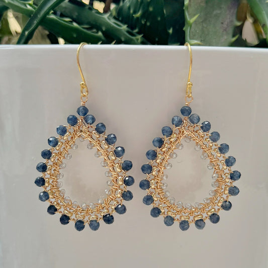 Denim Blue Iolite & Crystal Medium Rolo Peardrop Beaded Earrings