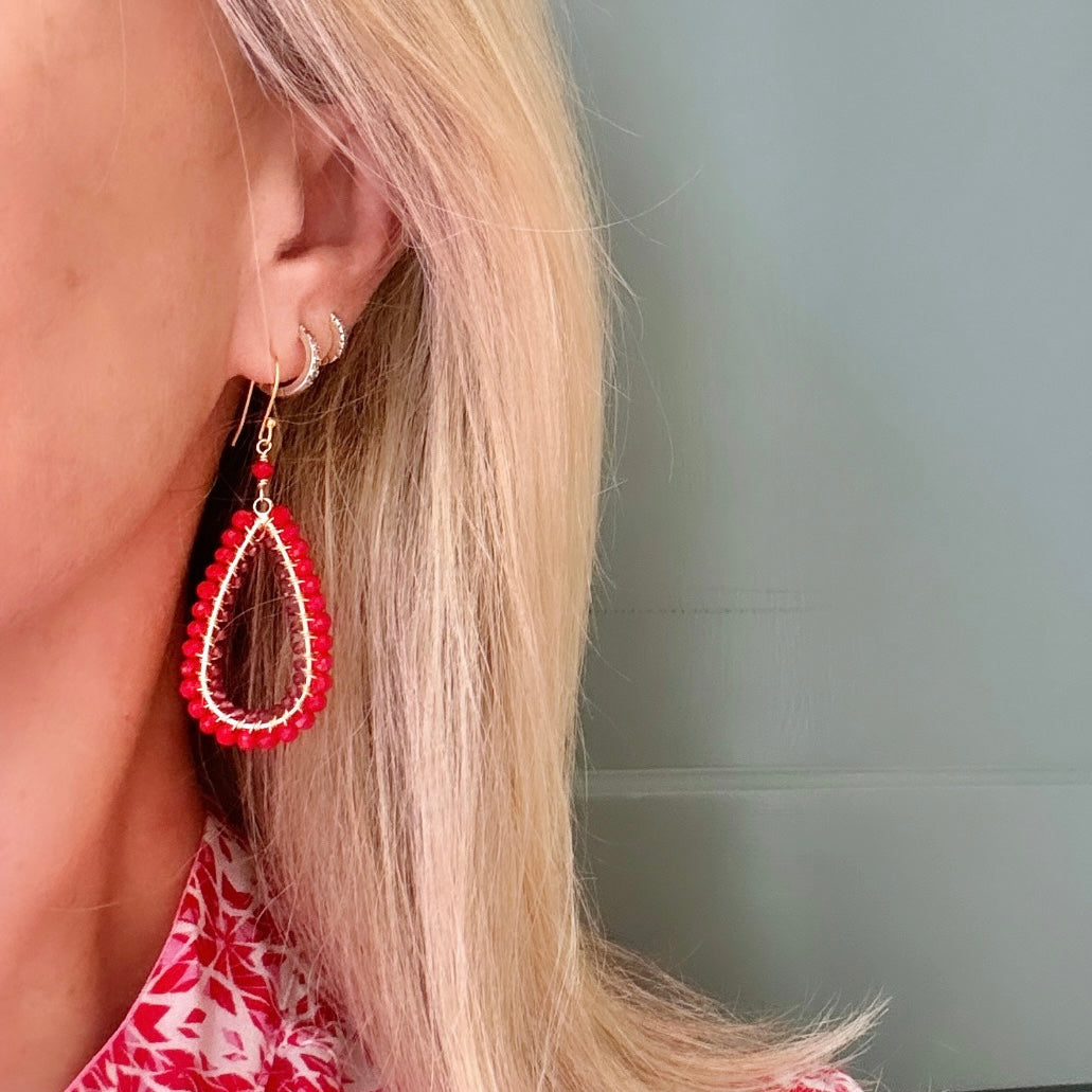 Ruby Red Jade & Fuchsia Pink Garnet Double Beaded Long Teardrop Earrings