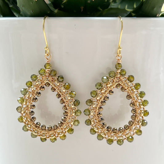 Olive Green Peridot & Pyrite Medium Rolo Peardrop Beaded Earrings