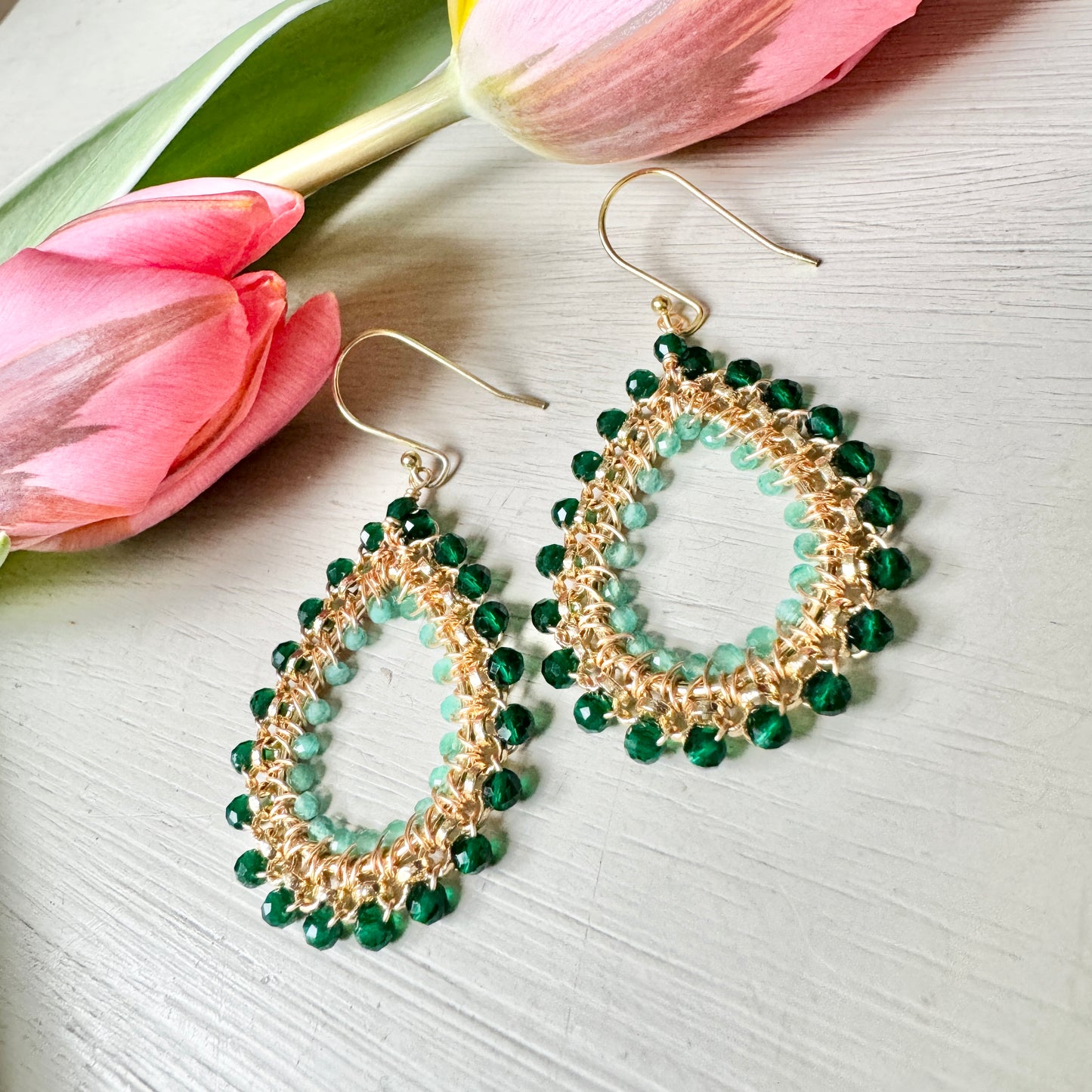 Emerald Green Jade & Mint Jade Medium Rolo Peardrop Beaded Earrings