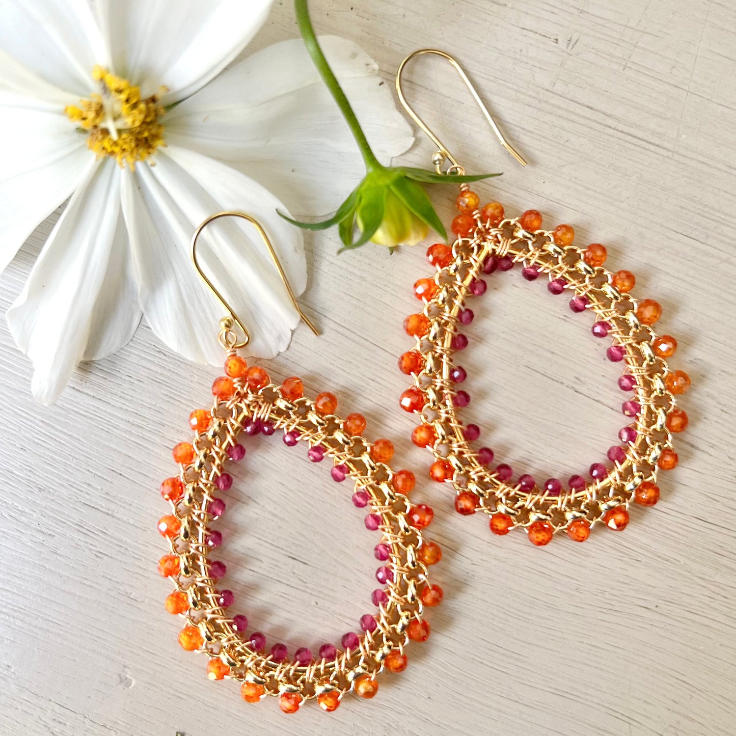 Orange Carnelian & Fuchsia Pink Garnet Large Rolo Teardrop Beaded Earrings