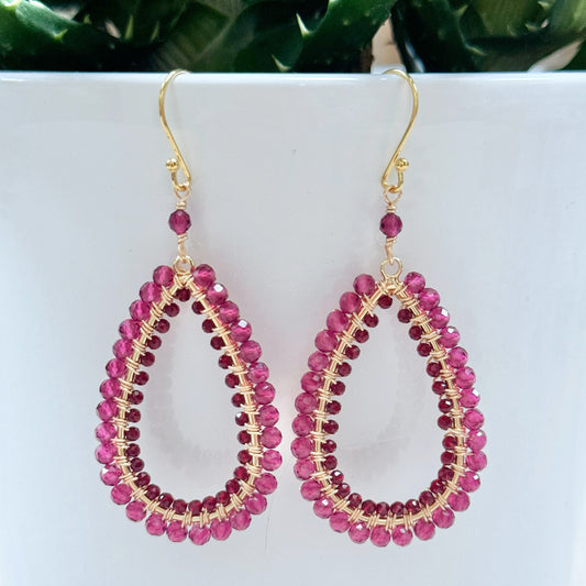 Fuchsia Pink & Burgundy Red Garnet Double Beaded Long Teardrop Earr