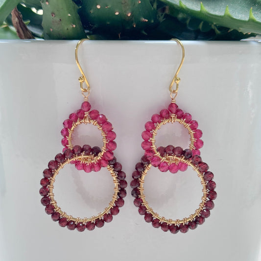 Fuchsia Pink Garnet & Burgundy Garnet Double Linked Round Beaded Earrings