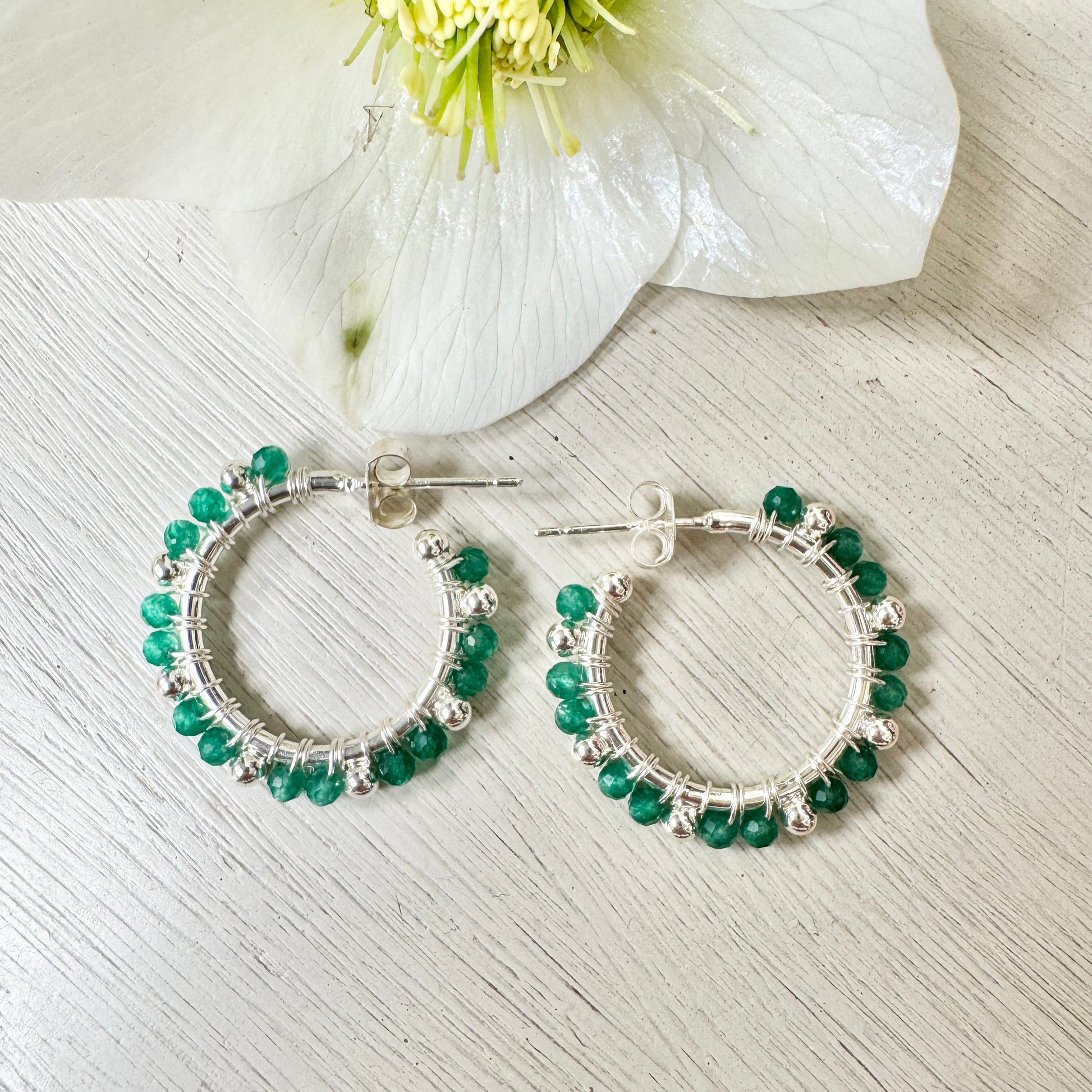 Emerald Green Jade Bobble Hoop Beaded Earrings (Silver)