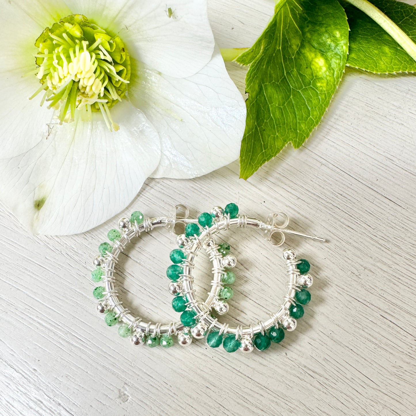 Emerald Green Jade Bobble Hoop Beaded Earrings (Silver)