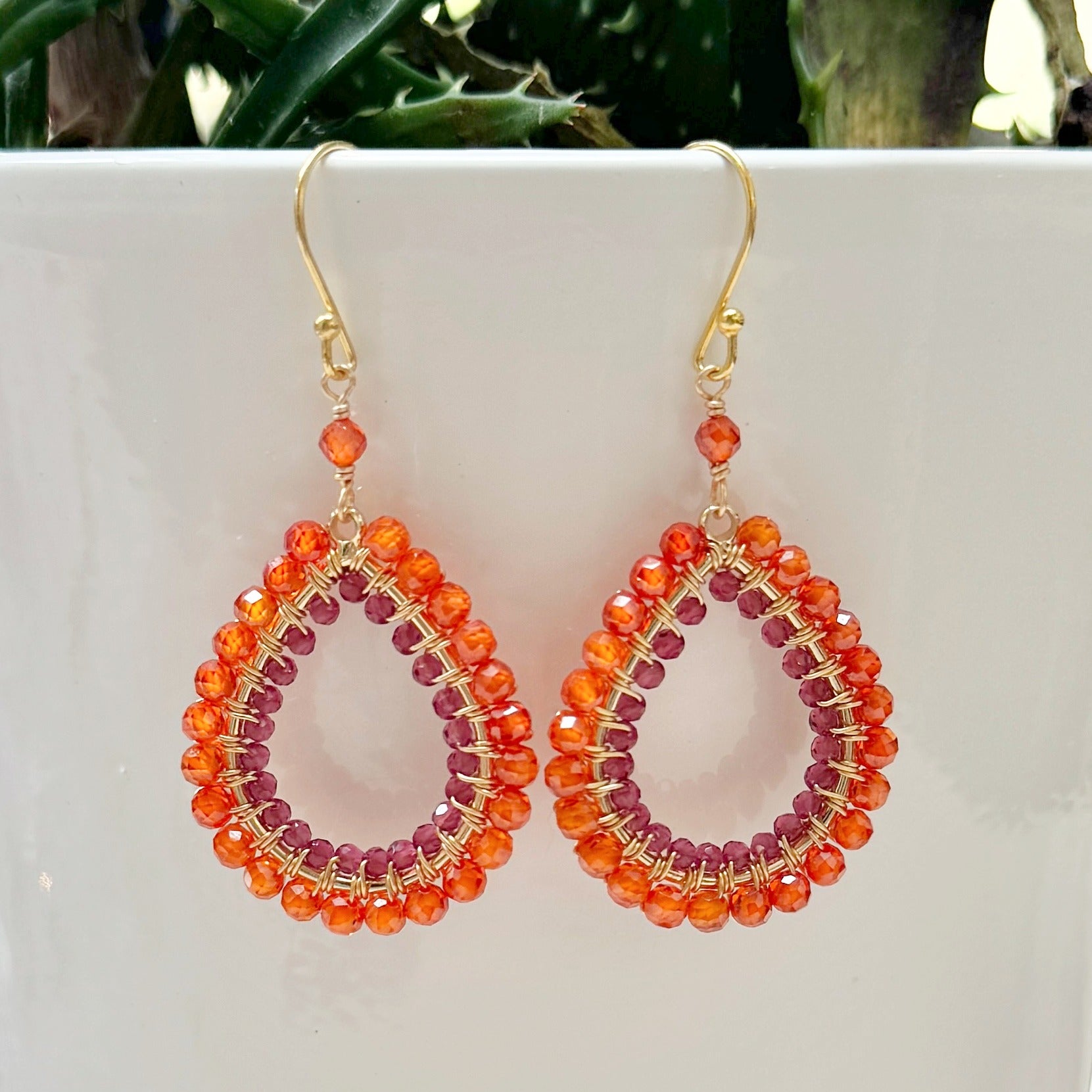 Orange Carnelian & Fuchsia Pink Garnet Double Beaded Peardrop Earrings